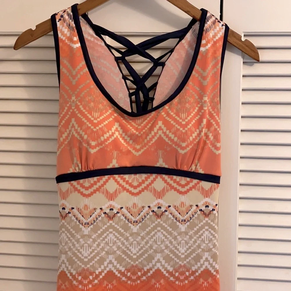 Emerald Sundae | Aztec Geo Print Lace-Up Back Boho Maxi Dress Coral/Navy Blue S - Picture 2 of 10